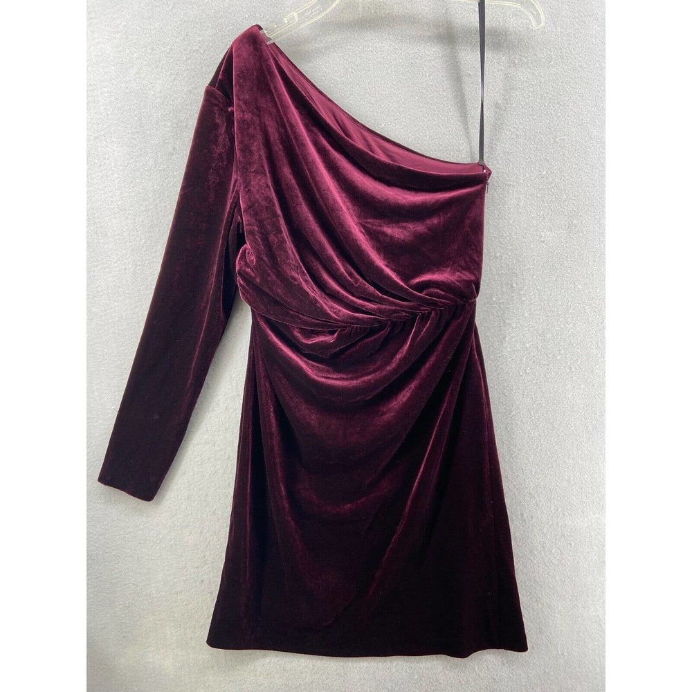 Halston Dress Womens Sz 8 Amara Crushed Velvet One Shoulder Cut Out in Wine Red